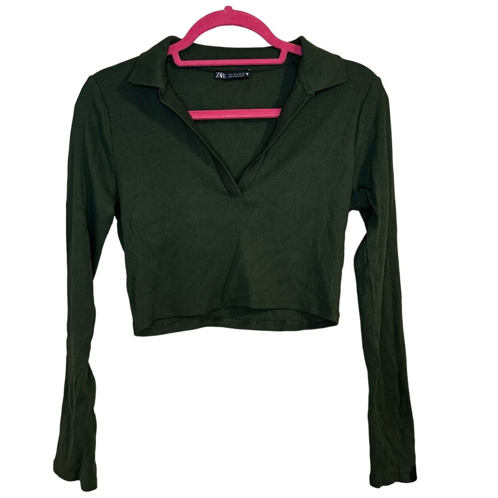 Zara Dark Green Collared Ribbed Crop Top Size L